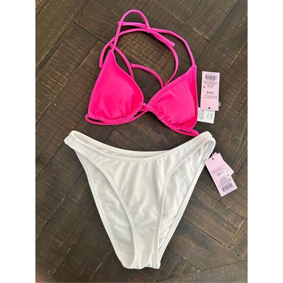 Wild Fable Bright Pink Triangle Top and White Bikini Set Size Small New - Picture 1 of 4